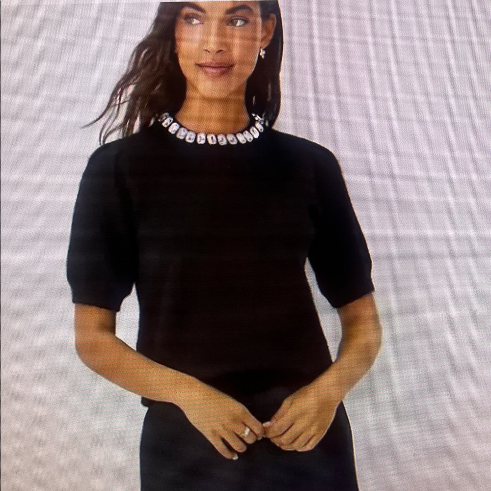 Ann Taylor Jeweled Neck Black Sweater Short Sleeved  Size XS